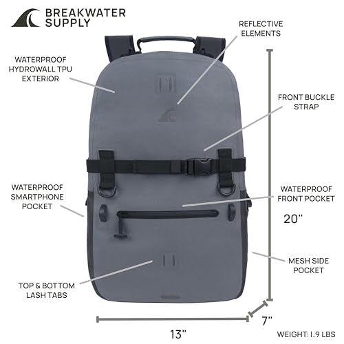 Image of Breakwater Supply Waterproof IP68 Backpack with 16-inch Laptop Sleeve and Phone Pocket for Travel, Work, Outdoors, Fishing, Boating, Hiking, Explorer 25L, Unisex, Floating Dry Bag (Cascade Gray)