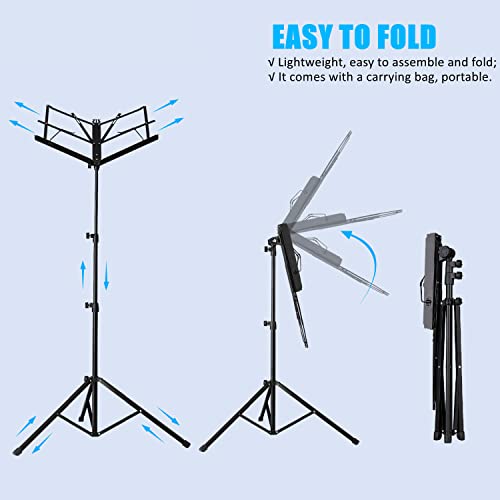 Music Stand, Fansjoy Folding Music Stand for Sheet Music, Portable Sheet Music Stand Music Book Stand Note Holder with Carrying Bag & Music Sheet Clip Holder for Guitar Violin Instruments Players - Thumbnail 3