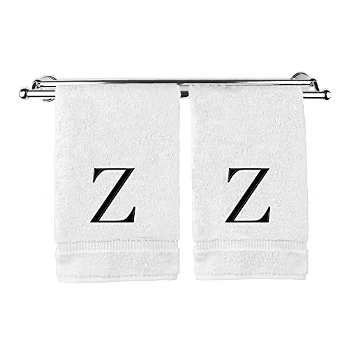 Monogrammed Hand Towel, Personalized Gift, Set of 2- Black Block Letter Embroidered Towel - Extra Absorbent 100% Turkish Cotton - Soft Terry Finish - Initial Z White