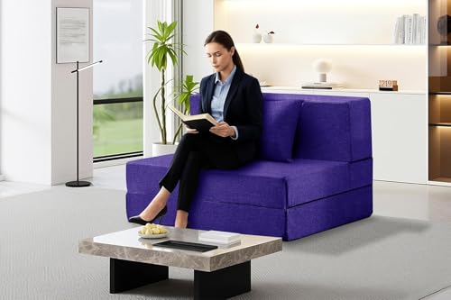 Image of Los Angeles Foldable One Seater Sofa Cum Bed, Sofa Bed 3 X 6 Feet, Jute Fabric- Washable Cover- Including One Cushion Perfect for Home & Office, Guest Room -Purple Color