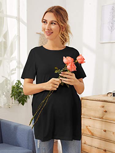 Romwe Women's Maternity Tunic Tee Shirt Short Sleeve Round Neck Split Hem Blouse Top Black Xxl #TOP3
