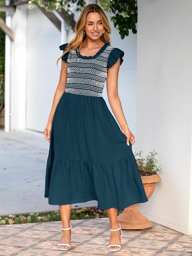 Image of Simplee Womens Summer Midi Dress Casual Boho Smocked Waist Flutter Sleeve A Line Flowy Tiered Dress with Pockets