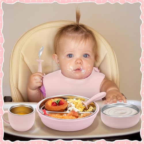 Nuogo 6 Pcs 304 Stainless Steel Kids Plates and Bowls Set Stainless Steel Suction Bowls and Toddler Cup with Removable Silicone, Forks Spoons Pocket Bib for Baby Toddle(Pink,Round) by Nuogo - Image 5