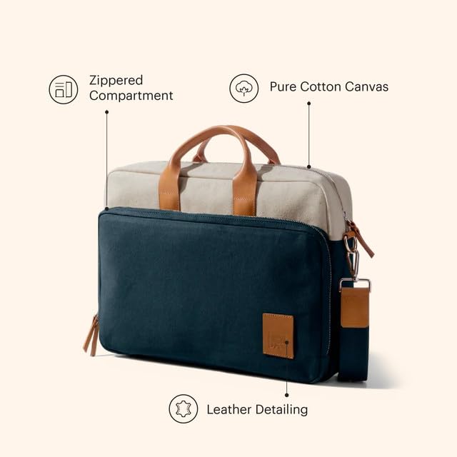 Image of DailyObjects 100% Cotton Canvas Commute Laptop Messenger Bag for Men & Women | Travel Shoulder Handbag With Trolley Sleeve | Metal Zip Closure | Leather Handles | Padded Laptop Compartment For 14 inch