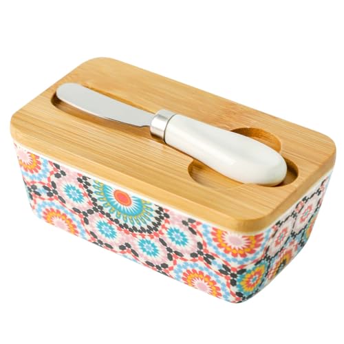 Howise Butter Dish with Lid, Large Butter Dish for Countertop, Ceramic Butter Keeper Container with Knife and Silicone Sealing Butter Box for Home Decor Good Kitchen Gift RetroB