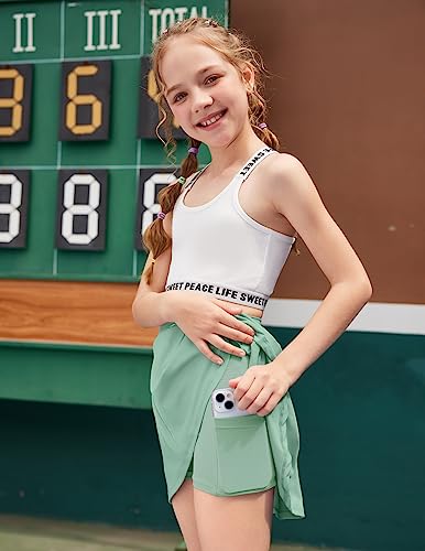 Zaclotre Kid Girls Pleated Tennis Skirt With Pockets Shorts Athletic Golf Skorts Activewear Running Workout Sports Skirts Light Green #TOP2