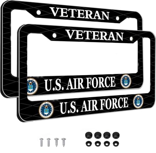 Image of 2PCS License Plate Frames for Veteran U.S.Air Force,Car License Plate Bracket Holder, Premium Aluminum Alloy Weather Proof License Plate Covers with Screw Caps Cover Set Car Accessories