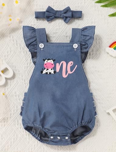 ODASDO Baby Girl Denim Romper 1st Birthday Cake Smash Outfit Ruffled Bodysuit Summer Jeans Jumpsuit with Headband2