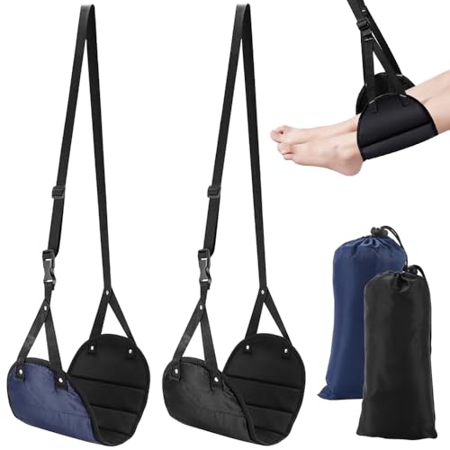 TRKETK 2 Piezas Hamaca de Pie Ajustable para Avión, Reposapiés de Avión Colgante Plegable Accesorios de Viaje de Avión Relleno de Algodón Viscoelástica Grueso con Placas de Apoyo (Negro+Azul)