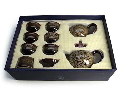 Image of Kiln Glaze Ceramic Tea Set Gift Box (9-Piece), Teapot 10oz Gongdao Cup Filter and 6 Small Cups Changing Glazed Ceramic Tea Ceremony (Set brown)