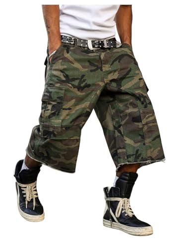 WDIRARA Men's Camo Jorts Cargo Denim Shorts Capris Shorts Streetwear with Flap Pocket Green Large