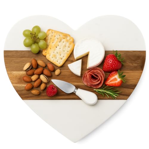 Heart Shaped Charcuterie Board, Acacia Wood And Marble Charcuterie Board Personalized With Cheese Knife, Cute Monogram Heart Cutting Board, Heart Shaped Cutting Board (Plain Board)