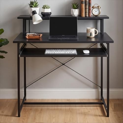 Image of Callas ST-25 DeskMate Pro Engineered Wood Study Desk | 90x54x94.5 cm | Sliding Keyboard Tray, Monitor Riser Shelf | Metal Frame | Home Office, Gaming & Kids Room (Black, ST-25) - 1 Year Warranty