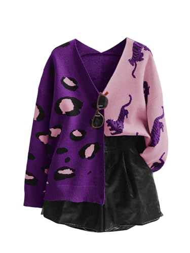 WDIRARA Women's Leopard Tiger Print Cardigan V Neck Long Sleeve Color Block Button Down Sweater Outwear