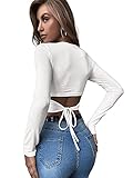 DIDK Damen Crop T-Shirt Top Langarmshirt Tops Slim Oberteil Rundhals Casual Shirts mit Band Hinten Weiß S