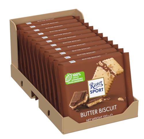 RITTER SPORT-Biscuit au beurre 100 g, Chocolat au lait entier avec un Biscuit nappé de crème de cacao-A emporter partout-Boite de 11 tablettes