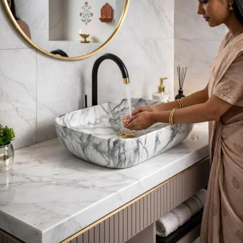 Image of Ceramic Tabletop Wash Basin - Glossy Rectangular Countertop Vessel Sink with Marble Finish for Bathroom & Vanity | Compact 18 x 13 x 5 Inch | Elegant Washbasin