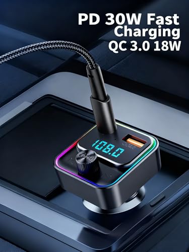 Image of TISONNY Car Bluetooth 5.3 FM Transmitter for Old Cars, 30W PD & 18W QC3.0 Fast Charger, Hands-Free Calling, Voice Assistant, LED Light