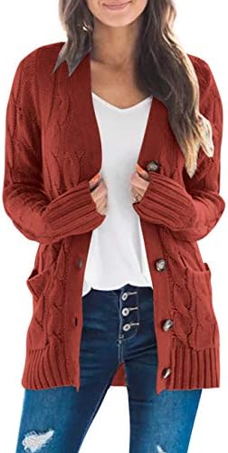 MEROKEETY Women's Long Sleeve Cable Knit Sweater Open Front Cardigan Button Loose Outerwear Rust