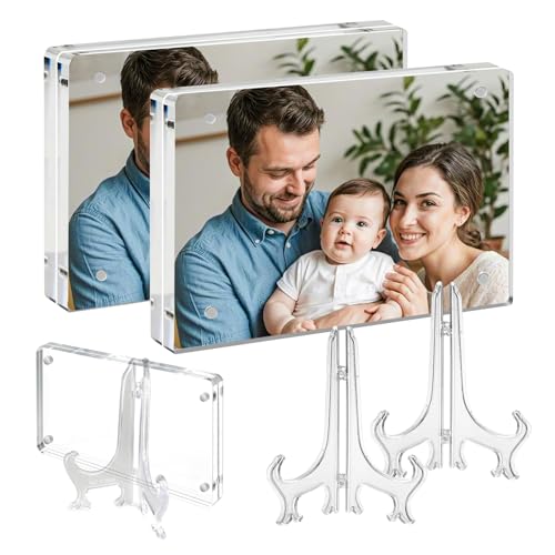 YUANQIAN Lot de 2 cadres photo magnétiques en acrylique transparent de 15,2 x 10,2 cm avec support – Affichage double face sans cadre pour décoration de maison/bureau, design cube flottant,