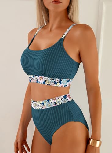 Image of Herseas Women's Textured Bikini Sets Floral Print Trim Scoop Neck Swimsuits High Waisted Bathing Suits