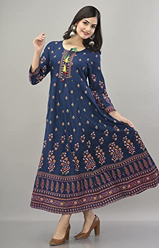 Image of Aj Art Anarkali Kurti for Women and Girls Floral Golden Print Regular Slim Fit Rayon Blue (Set of 1)