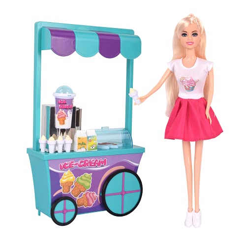 BETTINA Doll with Ice-Cream Cart Playset, Pretend Playset Ice Cream Toddler Toys Store Cart for Kids Birthday Gift