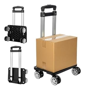 CROWNSHOP Folding Hand Truck 75kg Sack Barrows 4 Wheels Lightweight Luggage Trolley Alloy Heavy Duty Sack Truck with 2 Elastic Ropes for Travel Moving Office Shopping Industrial Warehouse (Black L)