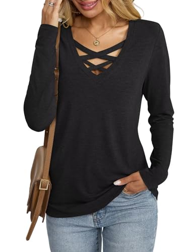Womens V Neck Long Sleeve Shirts Criss Cross Sexy Tops Casual Loose Fit Tee Going Out Fall Fashion Clothes 20252
