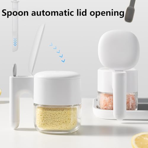 Glass Seasoning Container with Airtight Seal and Integrated Spoon, 5 x 5 In Leak Proof Automatic Lid Glass Jar,Seasoning Dispenser Compact Storage Glass Jar for Kitchen Home Cooking (beige) - image 6