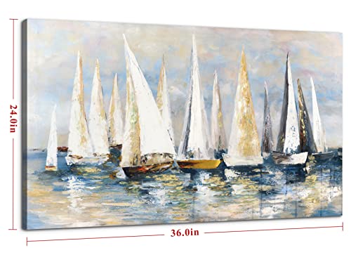 Yuegit Ocean Sailboat Canvas, Coastal Wall Decor Abstract Wall Art For Living Room Framed Prints For Home Decor Ready For Hang For Bedroom Bathroom Dining Room 24X36 Inch #TOP1