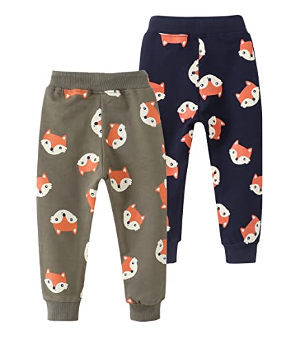 Aqeacarmon Toddler Baby Boy's Cartoon Print Dinosaur Car Animal Cotton Pants Drawstring Elastic Sweatpant(1-Pack 2-Pack)(Dark Blue+ Fox 1-2T) #TOP1