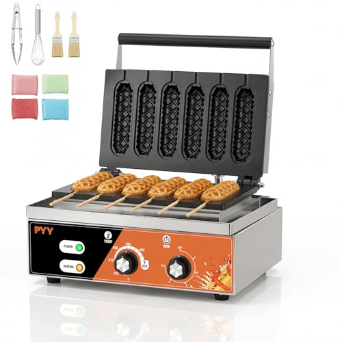 Image of PYY Corn Dog Waffle Maker - 6PcsCommercial Waffle Stick Maker Non-stick Stainless Steel Hotdog Waffle Maker Machine 572 ℉ Temperature and 5 Mins Timer for Food Truck, Bakery, Snack Bars 1500W