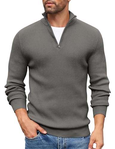 COOFANDY Jersey Hombre Invierno Suéter Cuello Alto Regular Fit Jersey de Canalé con Cremallera de un Cuarto Suéteres de Punto Gris Oscuro S