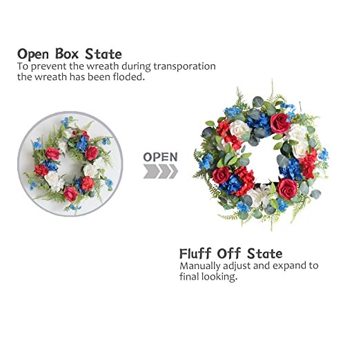 18 Inch Patriotic Forth Of July Roses Eucalyptus And Hydrangea Flowers For Front Door And Wall, Memorial Day Independence Artificial Flowers Wreath For Indoor, Spring Summer Door Wreath #TOP3
