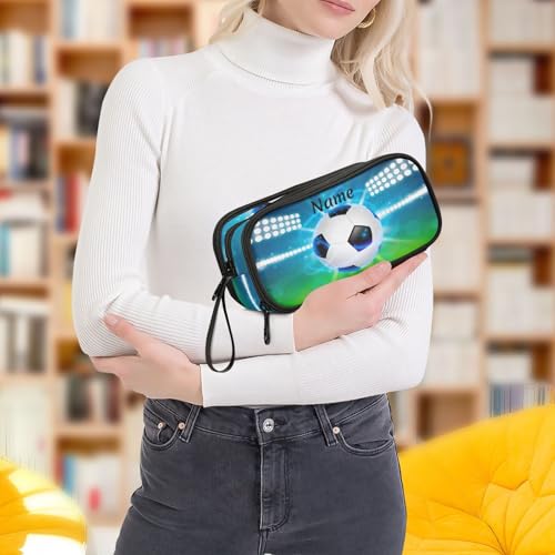 Image of Custom Soccer Ball on Field Pencil Case Box Boys Girls Personalized Name Large Pencil Pouch Stationery Pen Bag Organizer for Kids Adults School Office