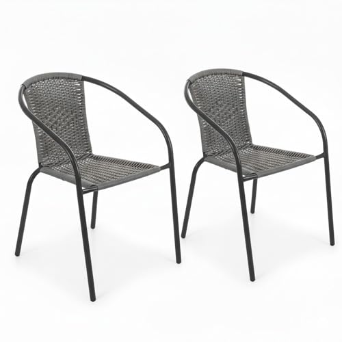 LOLAhome Pack 2 Sillas Jardín Exterior | 2 Sillones Ratan Gris y Acero con epoxi Anticorrosión | Apilables | Cómodas y Resistentes | Balcón, Terraza o Jardín | Trivia