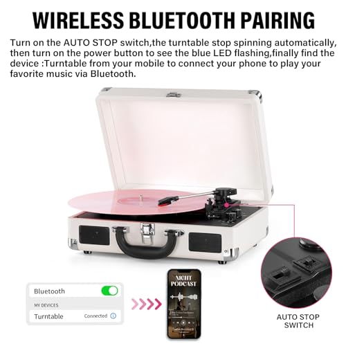 Vinyl Record Player Wireless Turntable Bluetooth 3-Speed Portable Vintage Suitcase with Built-in Speakers, Includes Extra Stylus, RCA Out, AUX in - Image 2
