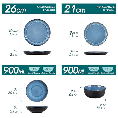 Geschirrset 6 Personen, vancasso PLAYA Steingut Geschirr set 24tlg für 6 Personen, Blau Tafelservice mit Teller set, Suppenteller, Schalen & Salattellern, Spülmaschinenfest, Mikrowellengeeignet