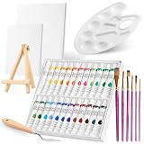 Genérico Kit Completo de Pinturas Acrílicas con Caballete de Madera Plegable – 24 Colores, 6 Pinceles, Lienzos, Espatula, Paleta – Ideal para principiantes y Manualidades Infantiles.