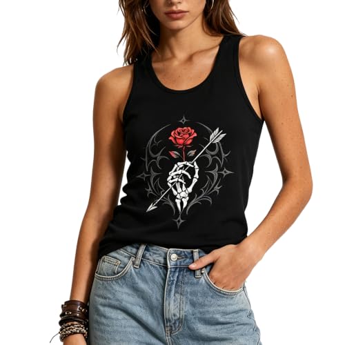 Image of MILAKOO Black Gothic Graphic Vest Top Skull Rose Sleeveless Top Alternative Dark Aesthetic Workout Tank for Women, M