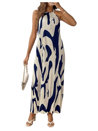 Verdusa Women's Casual Pleated Sleeveless Halter Dress Summer A Line Long Dress Blue and White Large