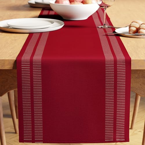 Encasa XO Dining Table Runner for 4 to 6 Seater| Yarn Dyed Fine Ribbed Cotton | Size 32x183 cm | Ladder Red | Machine Washable