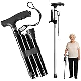 AURIVEE® Canne de Marche Pliable Réglable avec Lumière LED, Canne Telescopique à Double Poignée pour Personnes Âgées, Bâton de Randonnée Portable (Noir)