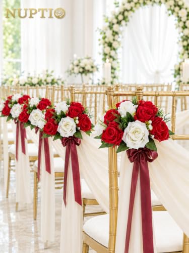 Image of NUPTIO Pcs of 6 Fake Flower Ball Arrangement Bouquet,15 Heads Plastic Roses with Base, Suitable for Our Store's Wedding Centerpiece Flower Rack for Parties Valentine's Day Home Decor (Red & White)