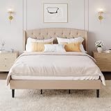 EGOHOME Queen Bed Frame,Upholstered Wingback Headboard and Underbed Space,Strong Metal Bed Frame with Extra Support Leg, Effortless Assembly with Ratchet Wrench,No Box Spring Needed,Beige