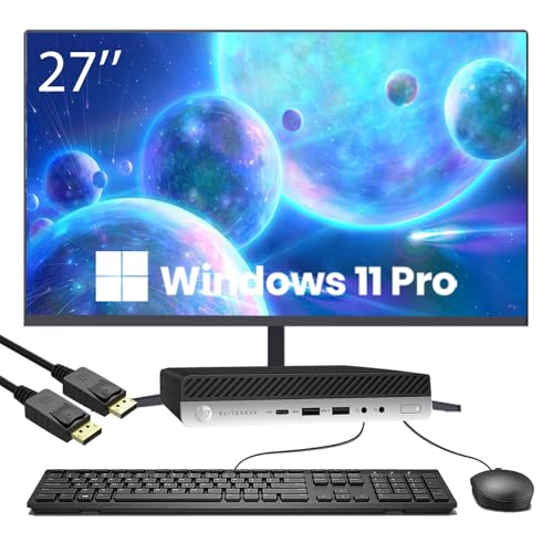 HP Elitedesk 800 G3 Tiny Desktop PC with 27-inch FHD Monitor, Intel Core i5-6500T, 8 GB RAM, 256 GB SSD, USB WiFi, Displayport, Windows 11 Pro (Renewed)