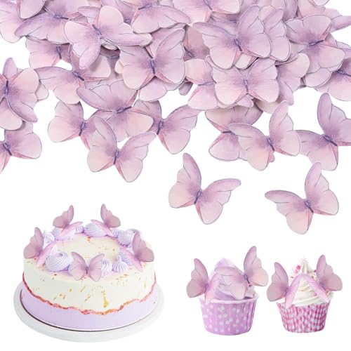 48 Stück Schmetterling Tortendeko Essbar, Essbare Schmetterlinge für Torte, Esspapier Tortendeko,Essbare Cupcake Toppers,Kuchen Deko Mädchen für Hochzeiten, Geburtstage, Partys（Lila ）