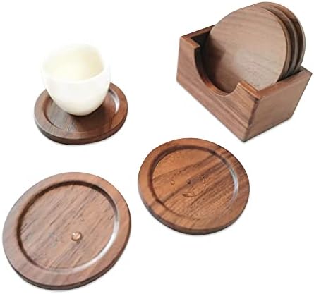 Lilymeche Concept Walnut Wood Drink Coasters with Holder & Wood Coffee Stick, Wooden Coaster Set, Suitable for Coffee Cups, Beer Glasses, Mugs, Wine Cup (4 Inch-6 Pieces)