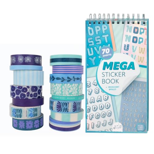 Cruban Washi Tapes Decorativos – Bundle con 16 Cintas Washi + Pegatinas para Scrapbooking (70 Hojas)| Kit Manualidades para Scrapbooking Creativo DIY para Craft, Bullet Journal, Diario y Regalo.